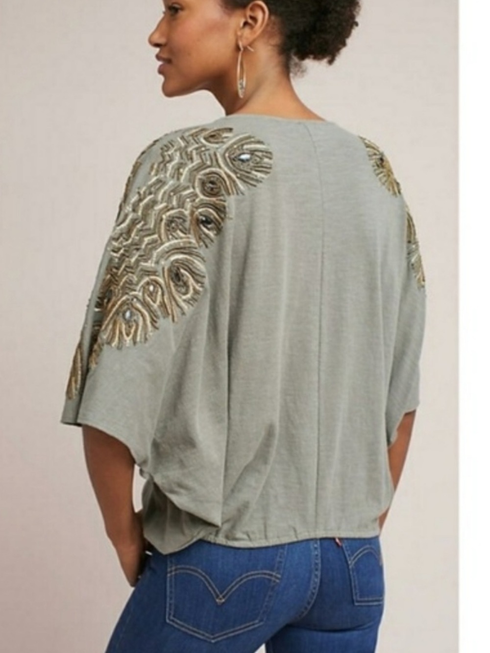 Anthropologie Embellished Olive Green Flutter-Sleeve Top - Picture 3 of 8